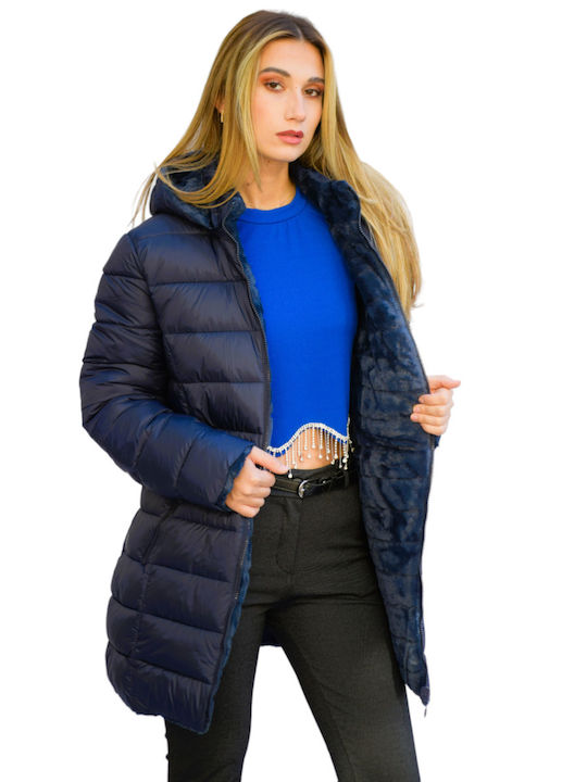 Honey Winter Women's Long Puffer Jacket Double Sided for Winter with Hood Blue