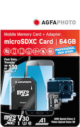 AgfaPhoto microSDXC 64GB Klasse 10 U3 V30 A1 Hohe Geschwindigkeit mit Adapter