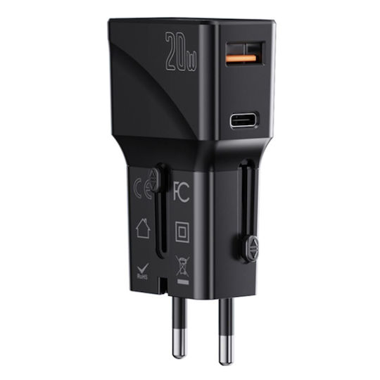 Yesido Încărcător Fără Cablu cu Port USB-A și Port USB-C 20W Negruς (Mc17)