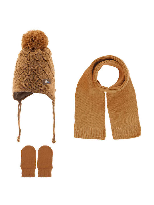 Kinder Mütze Set mit Handschuhe Gestrickt Braun