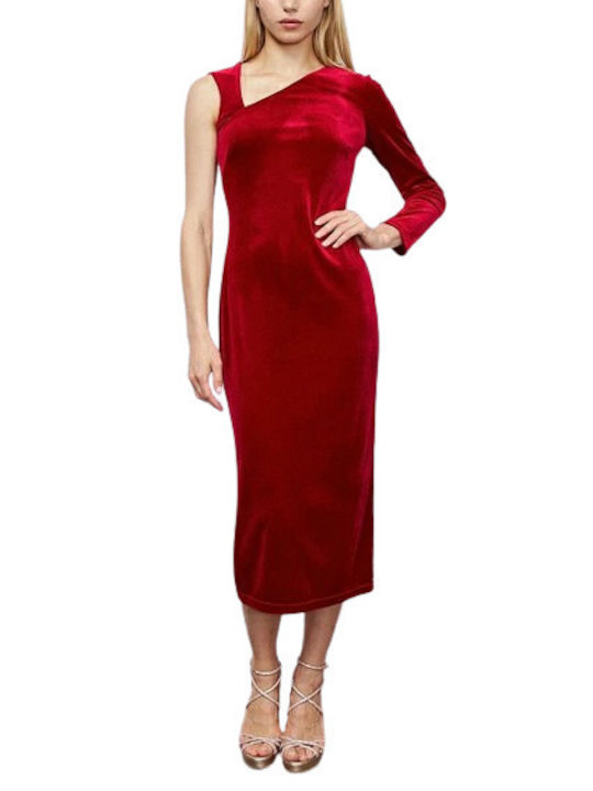 Desiree Midi Βραδινό Φόρεμα Βελούδινο με Σκίσιμο Κόκκινο