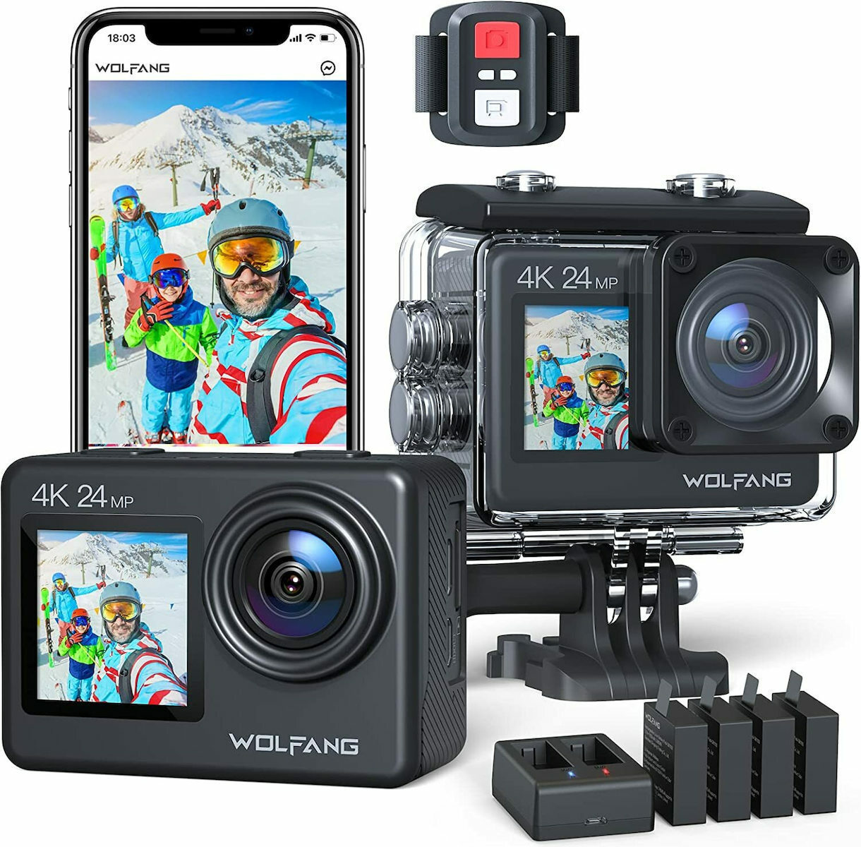 Action Cam WOLFANG GA200 4K 24MP - Doppio Schermo, WiFi, Impermeabile 40m, Telecomando 2.4G, Con Batterie E Accessori - Foto 3