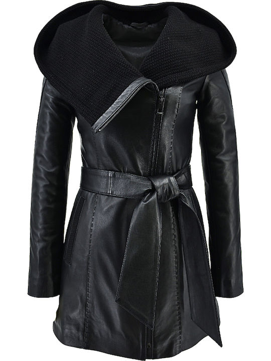 Δερμάτινα 100 Κωδικοσ Women's Short Lifestyle Leather Jacket for Winter with Hood Black