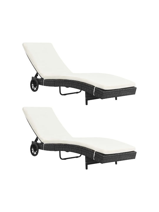 Deckchair Rattan with Cushion & Wheels Black 2pcs 199x60x37cm.