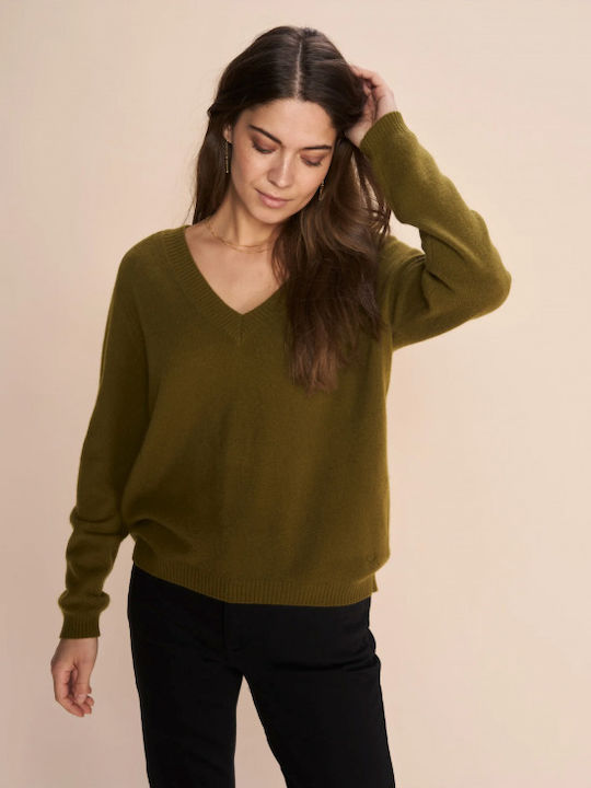 Mos Mosh Arlie Women's Long Sleeve Sweater Woolen with V Neckline Green