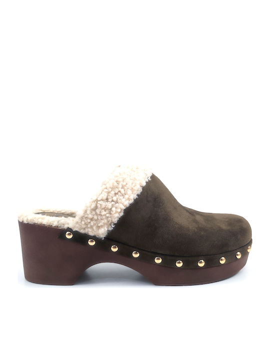 Chunky Heel Mules Khaki