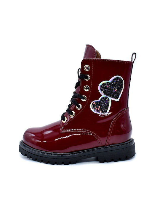 Bibelot Kids Leather Anatomic Military Boots with Zipper Burgundy