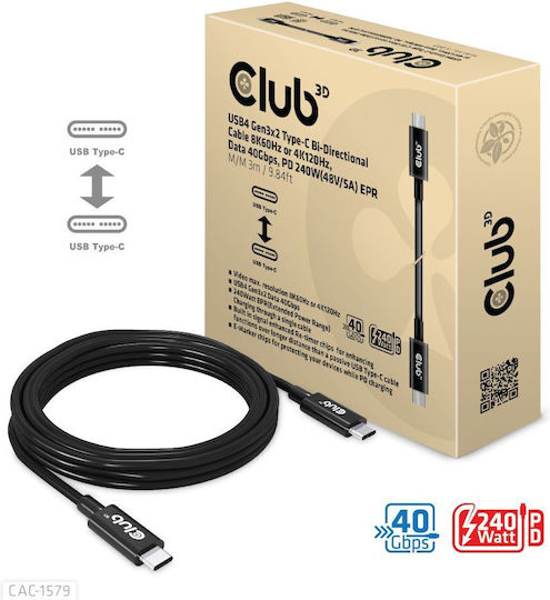 Club3D USB 2.0 Cable USB-C Male - USB-C 240W PD Black 3m