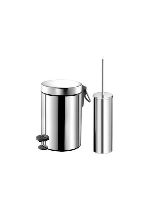 Sanco Inox Set aus Toilettenbürste und Mülleimer für das Badezimmer Sanftes Schließen 5Es Silber