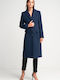 Fibes Women's Long Coat with Buttons BLUE