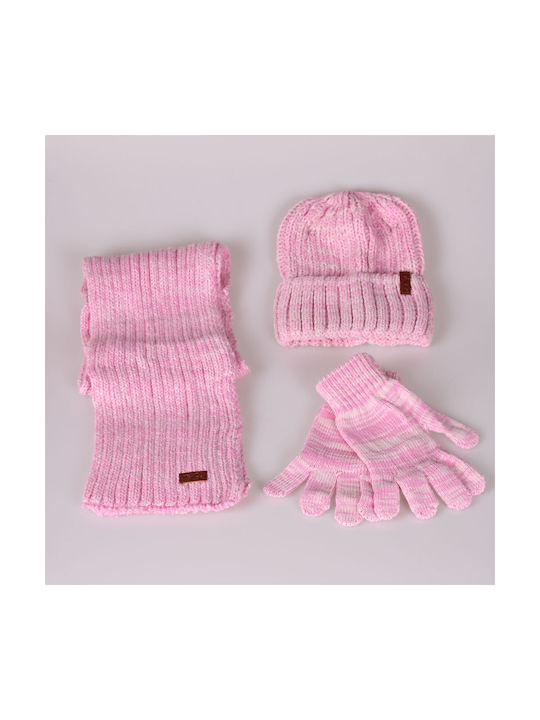 Kids Beanie Set with Scarf & Gloves Knitted Pink