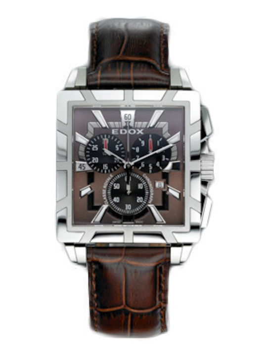 Edox Ανδρικό Ρολόι Χρονογράφος Μπαταρίας με Καφέ Δερμάτινο Λουράκι