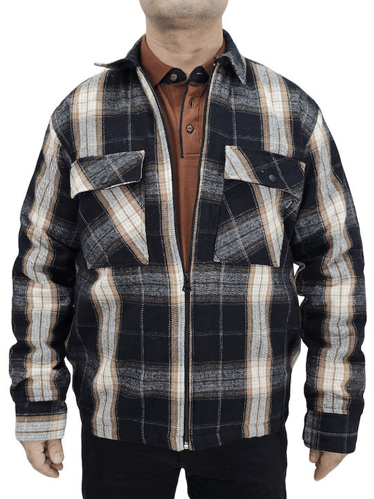 Double Men's Shirt Overshirt Long Sleeve Flannel Checked Beige/Black