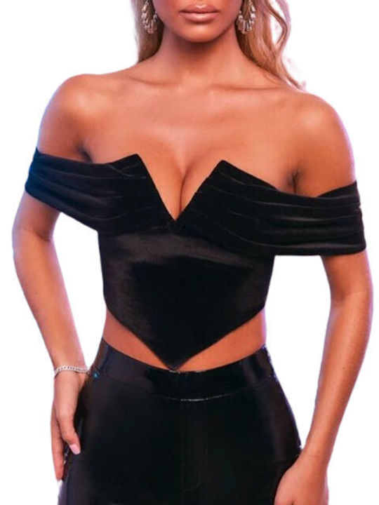 Γυναικεία Μπλούζα Βελούδινη Off-Shoulder Κοντομάνικη Μαύρο