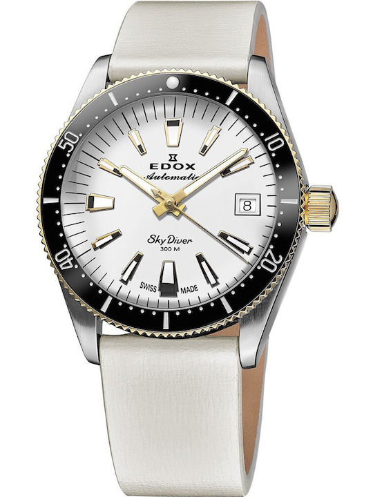 Edox Γυναικείο Ρολόι 38mm Αυτόματο με Λευκό Δερμάτινο Λουράκι