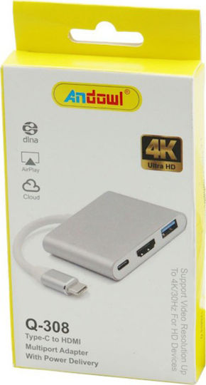 Andowl Q-308 USB-C Docking Station mit HDMI 4K PD Silber