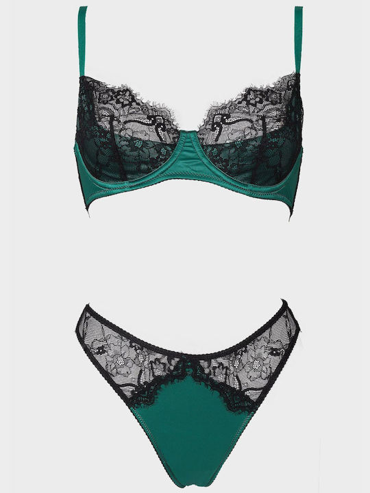 G Secret Lace Underwear Set with Bralette & Slip Green