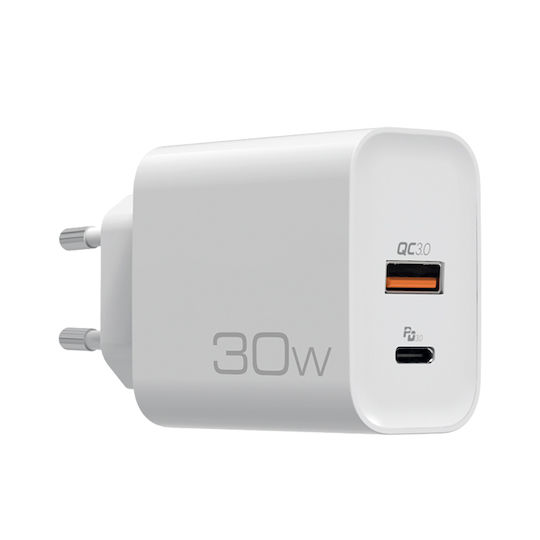 NOD Зарядно без кабел с USB-A порт и USB-C порт 30W Quick Charge 3.0 Бял (E-WALL AC30)
