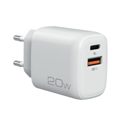 NOD Charger Without Cable with USB-A Port and USB-C Port 20W Quick Charge 3.0 Whites (E-WALL AC30)