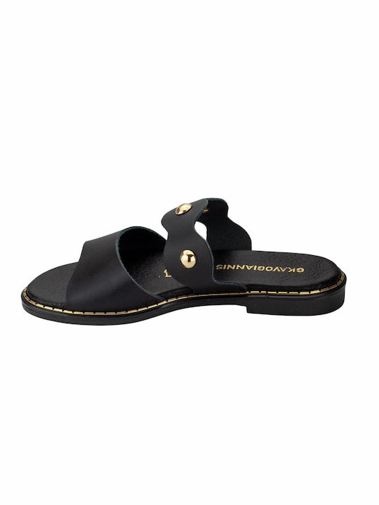 Gkavogiannis Sandals Leather Women's Flat Sandals Anatomic in Black Color