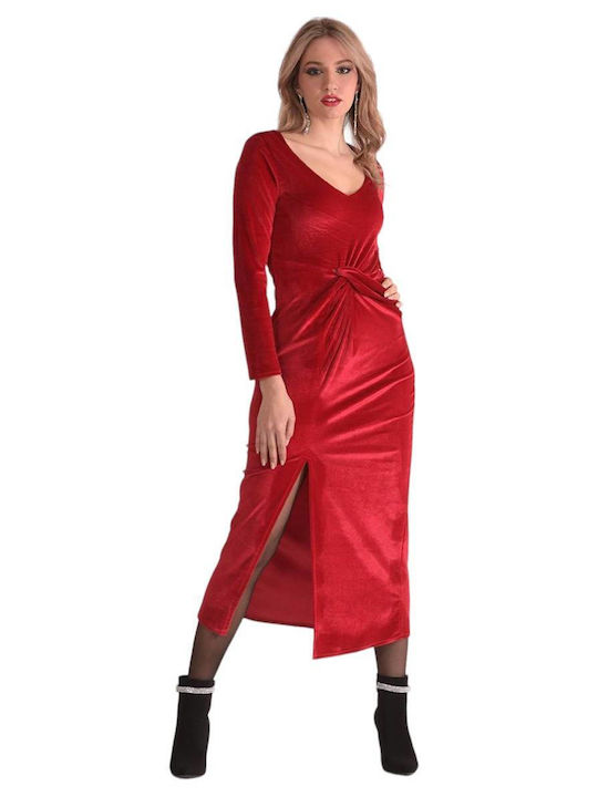Tweet With Love Midi Βραδινό Φόρεμα Βελούδινο Κόκκινο