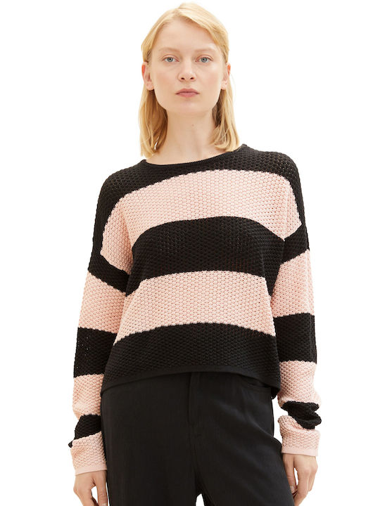 Tom Tailor Damen Langarm Pullover Gestreift Pink black striped (32458/ROSE BLACK COLORBLOCK STRIPE)