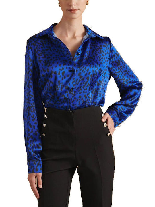 Fibes Women's Satin Long Sleeve Shirt Blue