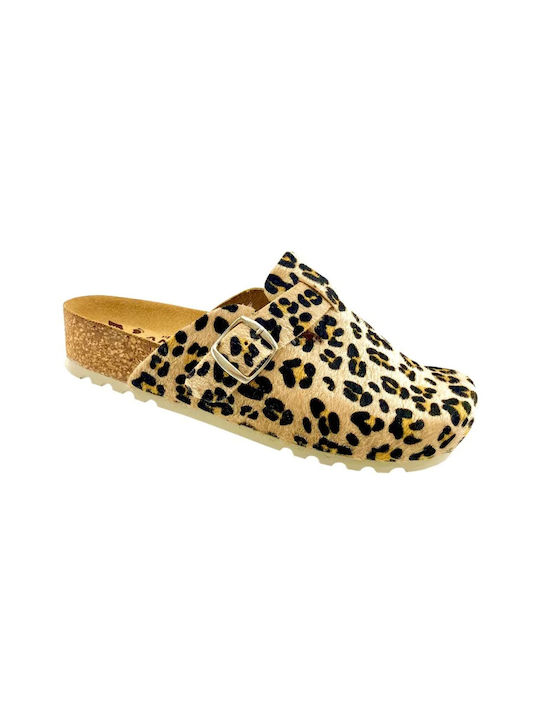 Comfort Way Shoes Γυναικεία Δερμάτινα Ανατομικά Σαμπό Yellow Leopard