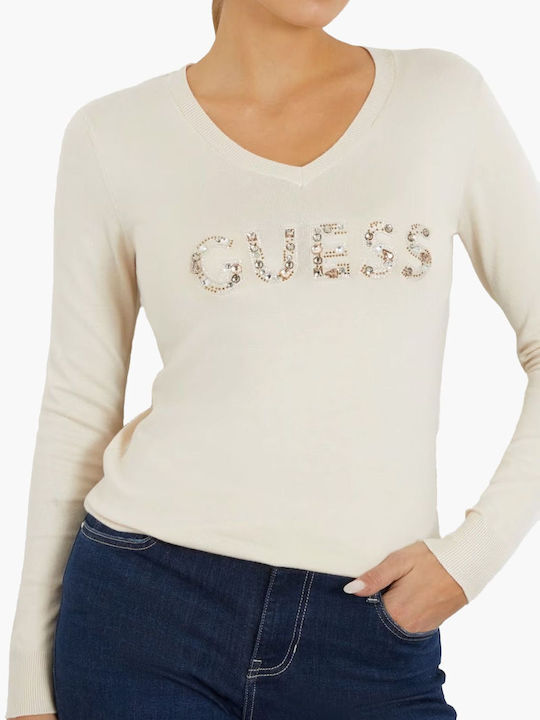 Guess Women's Blouse Long Sleeve with V Neck Polka Dot Beige