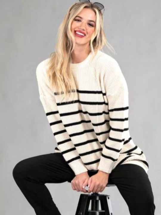 Le Vertige Women's Long Sleeve Sweater Striped Ecru