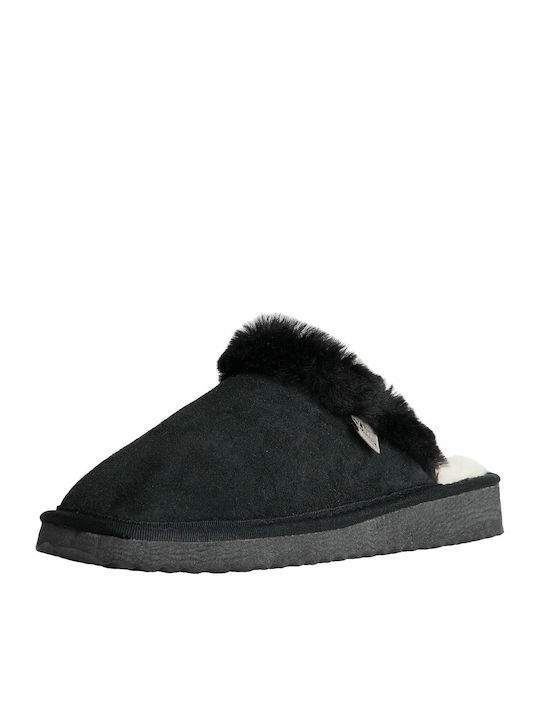 MRDline Leather Winter Women's Slippers in Black color