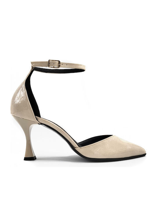 Patent Leather Beige Heels with Strap