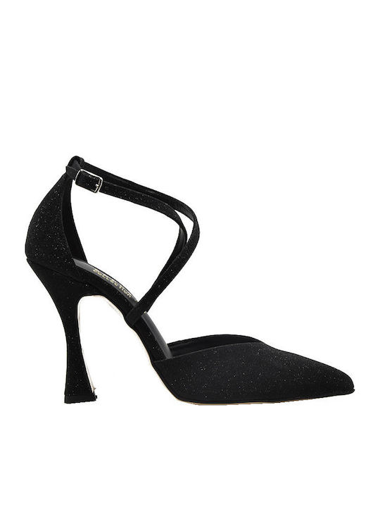 Μυτερές Γόβες με Χοντρό Ψηλό Τακούνι Black Glitter
