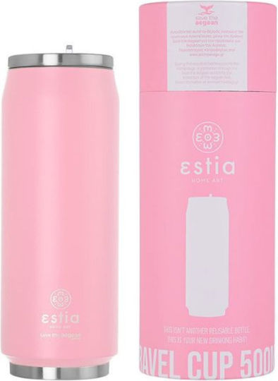 Estia Travel Cup Save The Aegean Recyclable Glass Thermos Stainless Steel / Plastic BPA Free 500ml Blossom Rose with Straw