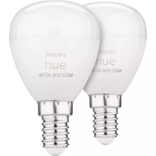Philips Becuri Smart LED 5.1W pentru Dulie E14 și Formă P45 RGBW 470lm Reglabil în intensitate 2buc