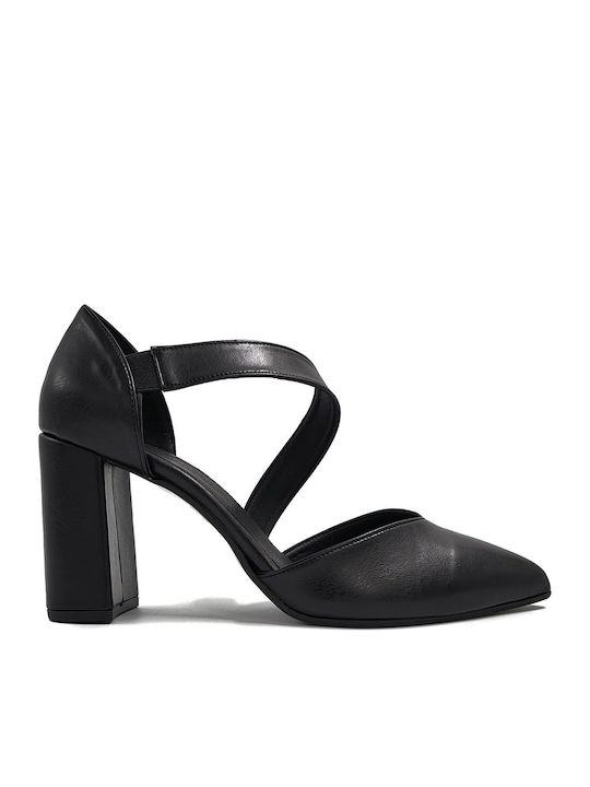 Synthetic Leather Black Heels with Strap