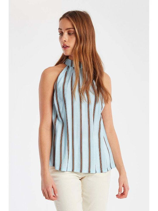 ICHI Women's Summer Blouse Sleeveless Striped Blue