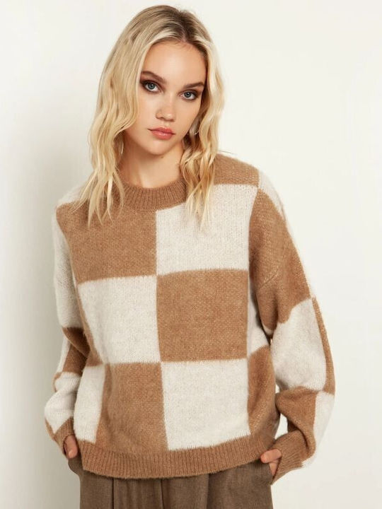 Toi&Moi Women's Long Sleeve Pullover Checked Beige
