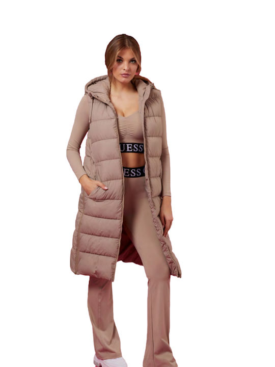 Guess Lung Jachetă de femei Fără mâneci Puffer pentru iarnă Beige