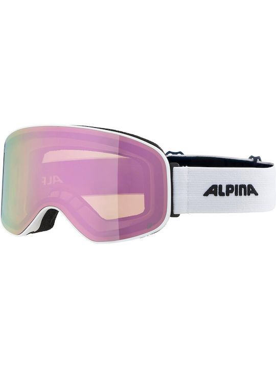 Alpina Μάσκα Σκι & Snowboard Ενηλίκων Λευκή με Φακό Καθρέπτη σε Ροζ Χρώμα