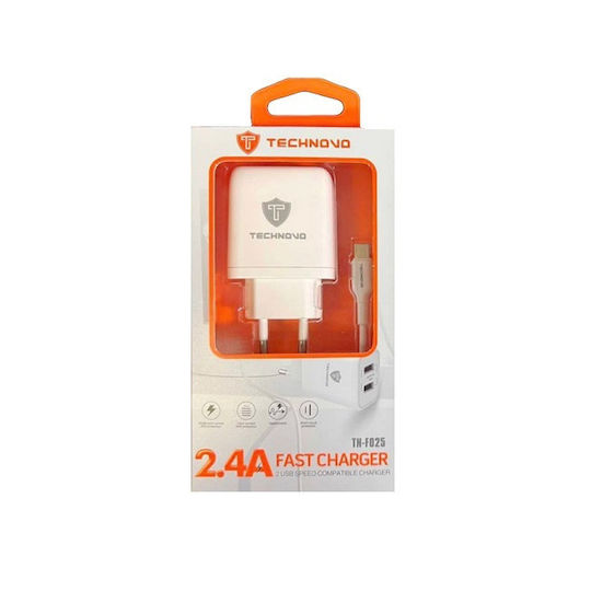 Technovo Ladegerät mit 2 USB-A Anschlüsse und Kabel USB-C Weißs (TN-F025)