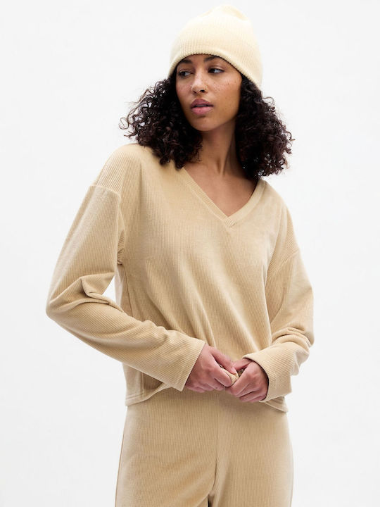 GAP Women's Blouse Long Sleeve with V Neck bedrock beige