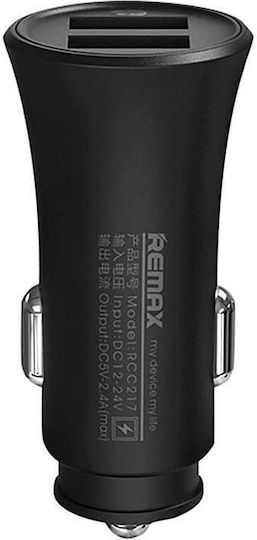 Remax Car Charger 2.4A Fast Charging with Ports: 2xUSB Black Color