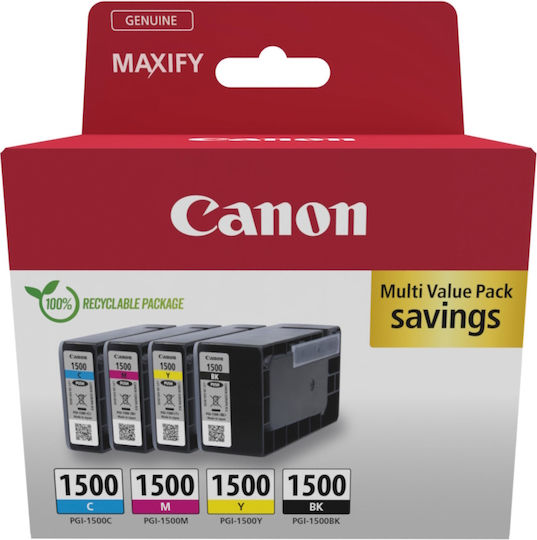 Canon PGI-1500 Γνήσιο Πακέτο 4 Μελανιών Εκτυπωτή InkJet Κίτρινο / Κυανό / Ματζέντα / Μαύρο (9218B006)