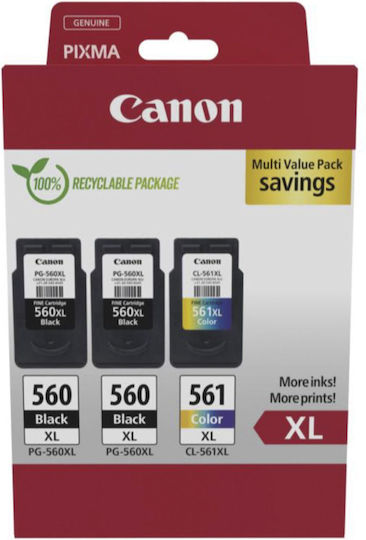 Canon 2x PG-560 / 1x CL-561 Γνήσιο Πακέτο 3 Μελανιών Εκτυπωτή InkJet Μαύρο / Πολλαπλό (Color) (3712C009)