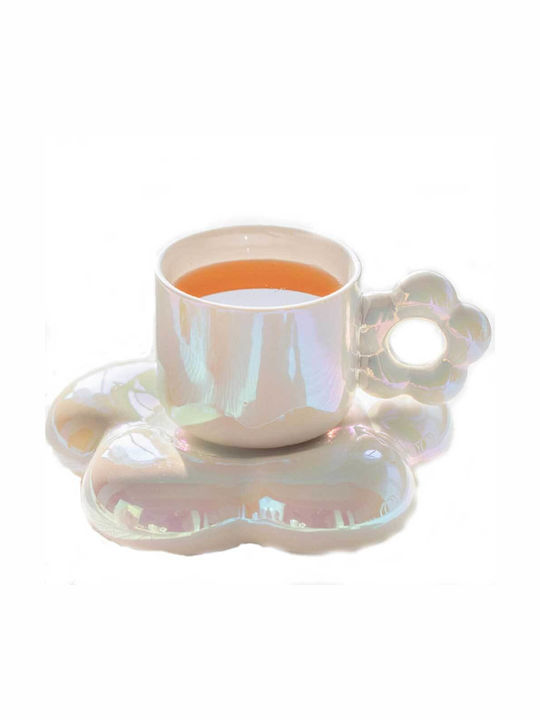 Disoza - Set cană de cafea cu farfurie | Cană albă drăguță cu mâner în formă de floare și farfurie pentru femei | Cană de ceai și cafea cu farfurie 250 ml | Cană din ceramică pentru cadou