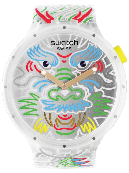 Swatch Dragon In Cloud Ανδρικό Ρολόι Μπαταρίας με Λευκό Καουτσούκ Λουράκι