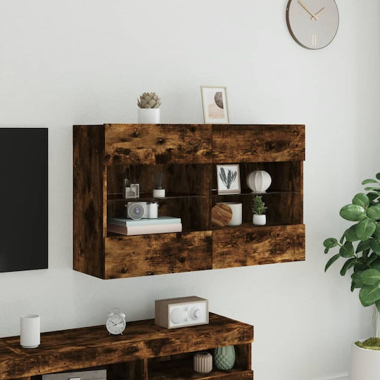 Wall Living Room Display Cabinet made of Particleboard with Glass & Lighting Smoky Oak 98.5x30x60.5cm