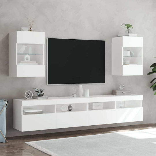 Vitrină Suspendată pentru Sufragerie din Placă Aglomerată Albă cu Geam și Iluminare LED 40x30x60,5 cm