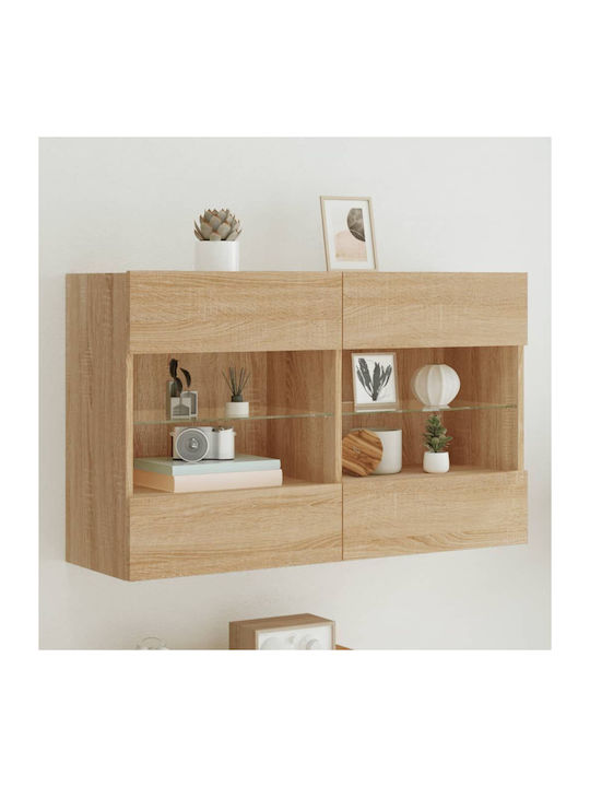 Wall Mounted Particle Board Living Room Display Cabinet with Glass & Lighting Coffee 98.5x30x60.5cm